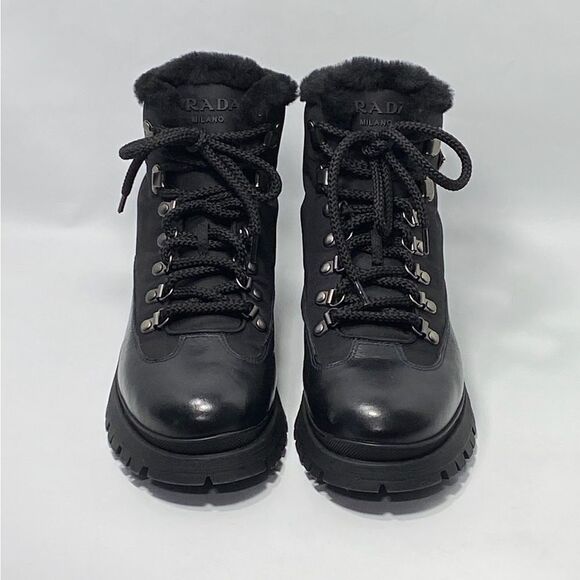 Prada Brixxen 38 Shearling-Lined Leather & Nylon Hiking Boots size 37.5 - Picture 3 of 13